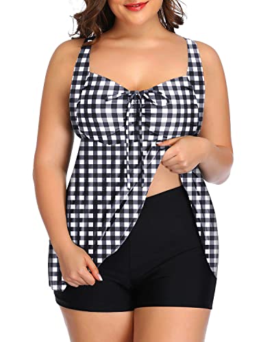 Plus Size 2 Piece Swimwear For Women Tankini And Boy Shorts-Black And White Checkered