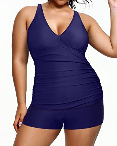 Athletic Women's Plus Size Swimsuits Ruched Tummy Control Two Piece Sets-Navy Blue