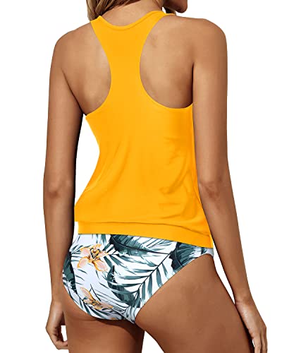 Racerback Tank Tops Bottoms Two Piece Swimsuit Blouson Swimwear-Yellow Flowers