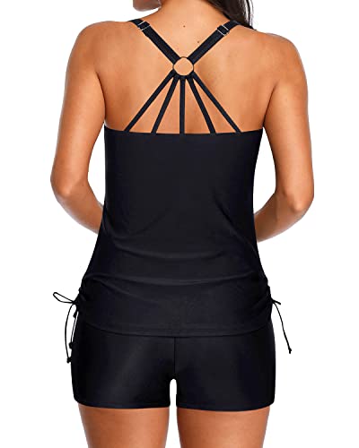 Drawstring Tie Side Athletic Tankini Swimsuits For Women-Black
