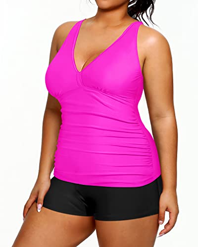 Plus Size Ruched Tummy Control Bathing Suit High Waisted Two Piece Swimsuit-Hot Pink