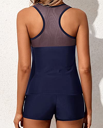 Sporty Boyleg Tankini Bathing Suit Tops For Women Shorts-Navy Blue