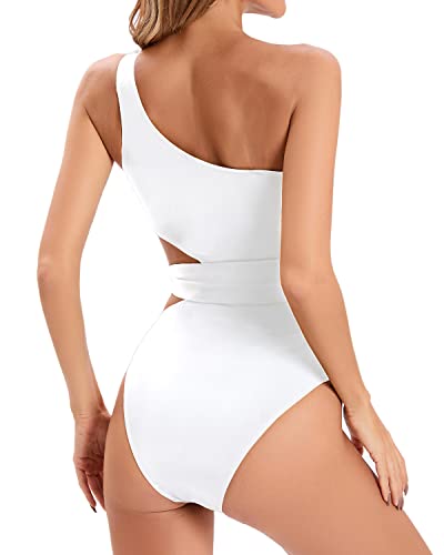 Cut Out One Shoulder Swimsuit Cutout Swimwear Monokini-White