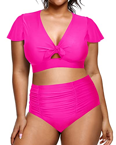 Plus Size Womens Two Piece Swimsuits Tummy Control Short Sleeve Swimwear-Neon Pink