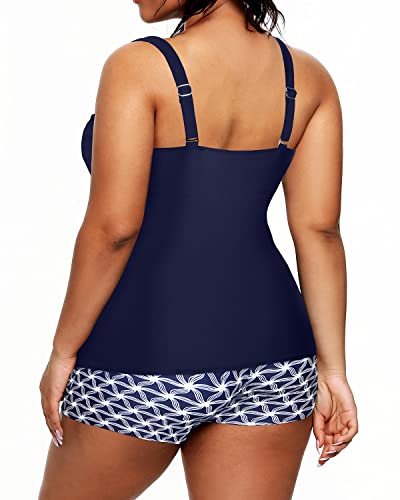 Two Piece Plus Size Tankini Swimwear Shorts Tummy Control Bathing Suits-Navy Blue Tribal