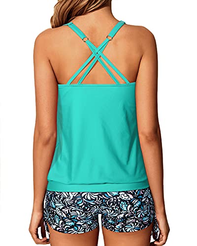 Women's Push Up Padded Blouson Tankini Swimsuits Two Piece Strappy Bathing Suit-Light Blue-Green Floral