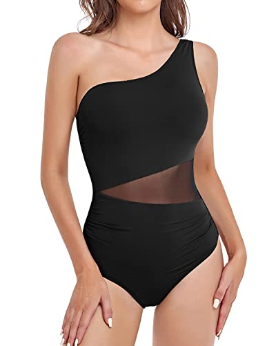 Women's One Piece Bathing Suit One Shoulder Swimsuit Monokini-Black