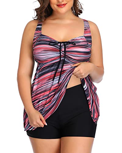 Women's Adjustable Shoulder Straps Plus Size Tankini Swimsuits-Pink Stripe