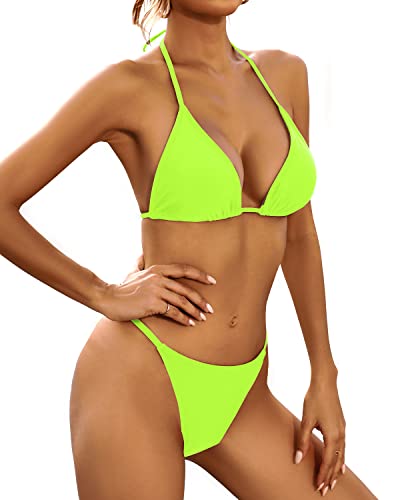 Women's 3 Piece Halter Bikini Top Push Up Bra Sexy Swimsuits-Yellow Green