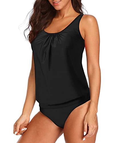Women's Built-In Sports Soft Bra Wireless Blouson Tankini Swimsuits-Black
