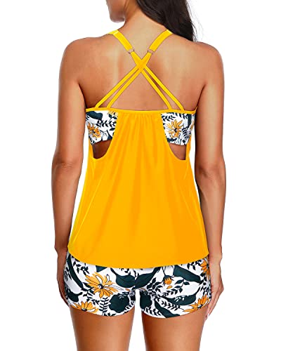 Women Double Up Tankini Top Two Piece Boy Shorts Bathing Suits-Yellow Floral