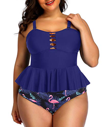 Lace Strappy Sides Bikini Bottoms Plus Size Swimsuits For Women-Blue Flamingo