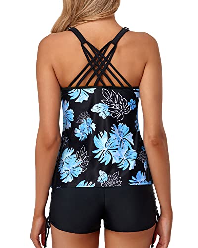 Women's Tankini Swimsuits Athletic Two Piece Tummy Control Bathing Suits-Black Blue Floral