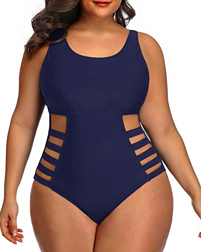 Cutout Monokini Swimsuit Plus Size Side Cutout Sexy Swimwear-Navy Blue