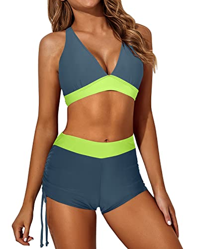 Boy Shorts And Bra 3 Piece Tankini Swimsuits For Women-Navy Yellow
