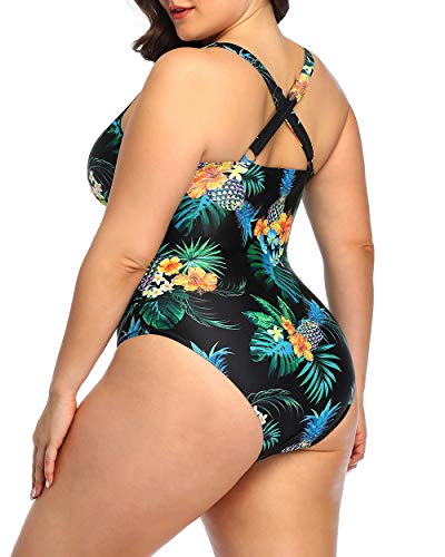 Sexy Deep V Neck Plus Size One Piece Swimsuit For Women-Black Pineapple