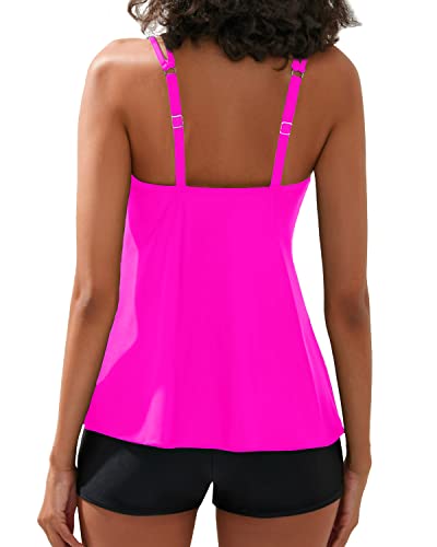 Tummy Control Swimwear Tankini Top & Boy Shorts Juniors Bathing Suit-Hot Pink