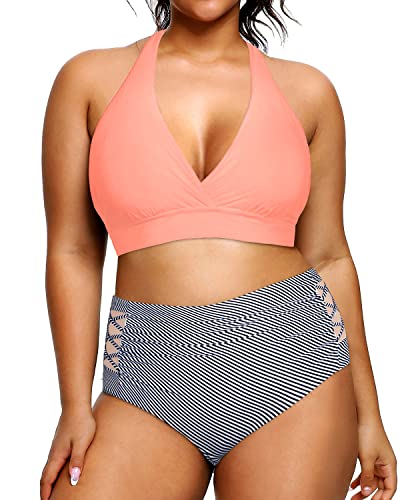 V Neck Plus Size Halter Bikini Swimsuits High Waisted Tummy Control Swimwear-Coral Pink Stripe