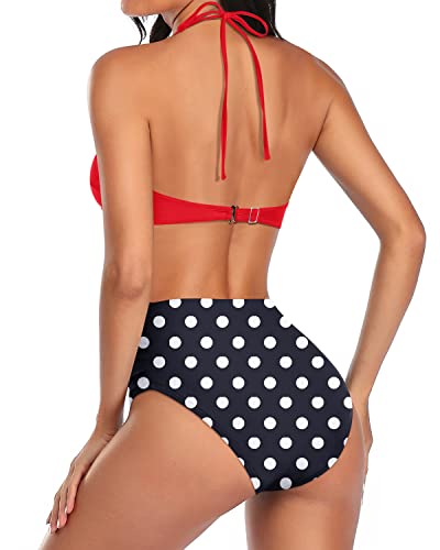 Two Piece Swimsuit Adjustable Self-Tie Straps Halter Top Bikini Sets-Red Dot