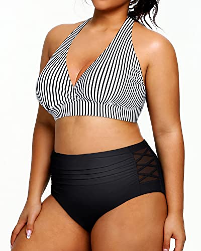 High Waisted Tummy Control Bathing Suits For Plus Size Women-Black And White Stripe