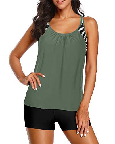 Criss Cross Back Tankini Set Casual Tankini Set-Army Green