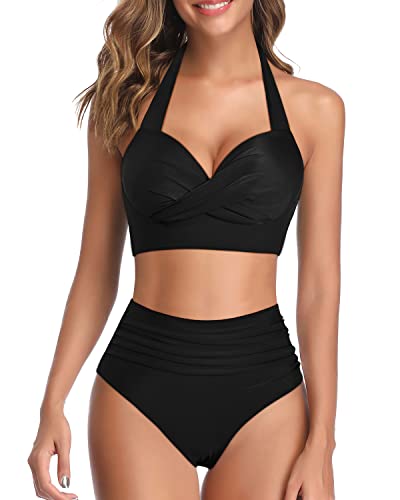 Retro Halter Twist Front Swimwear For Womens 2 Piece High Waisted Bikini-Black
