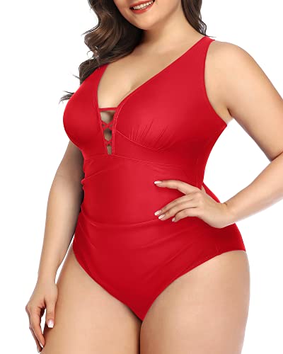 Push Up Padded Bra Plus Size Deep V Neck One Piece Swimsuit-Red