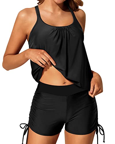 Blouson Criss Cross Swimsuits Boyleg Bottom For Slimming Tummy Control-Black