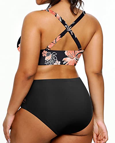 Women's Plus Size Bikini Two Piece Swimsuits Tummy Control Swimwear-Black Orange Floral