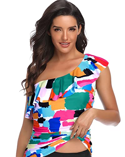 Ruffle Flounce One Shoulder Tankini Tops Strapless Neckline For Women-Aqua