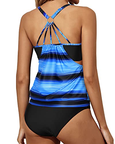Two Piece Tankini Swimsuits Removable Pads Bathing Suits For Teen-Blue And Black Stripe