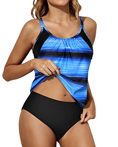 Two Piece Tankini Swimsuits Removable Pads Bathing Suits For Teen-Blue And Black Stripe