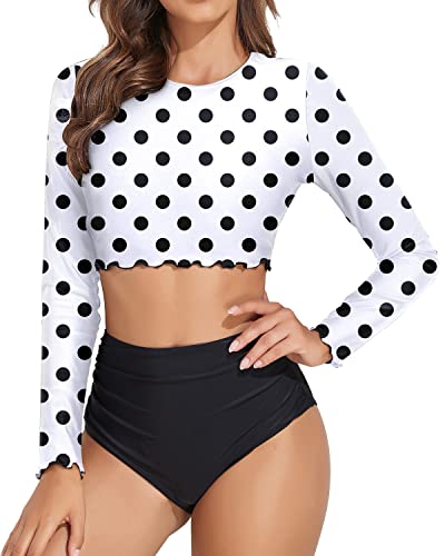 Womens Long Sleeve Rash Guard Swim Shirt Crop Swim Tops Shorts-Black Dot