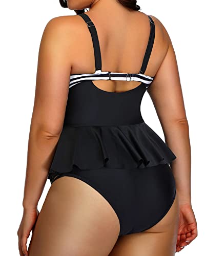 Plus Size Lace Up Tummy Control Tankini Swimsuits For Women-Black And White Stripe