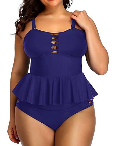 Plus Size Swimsuits Tummy Control Two Piece Bathing Suits For Women-Navy Blue