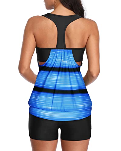 Slimming And Charming Sporty Tankini Swimwear For Women-Blue And Black Stripe