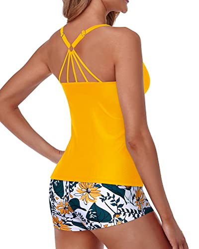 Tummy Control Two Piece Tankini Swimsuits For Women Boy Shorts-Yellow Floral