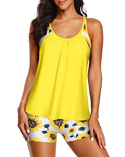 Criss Cross Back Tankini Swimsuits For Women-Yellow And Sunflower