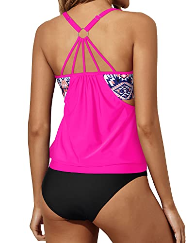 Women's Blouson Swim Top Bottom Double Up Bathing Suits For Teen-Neon Pink
