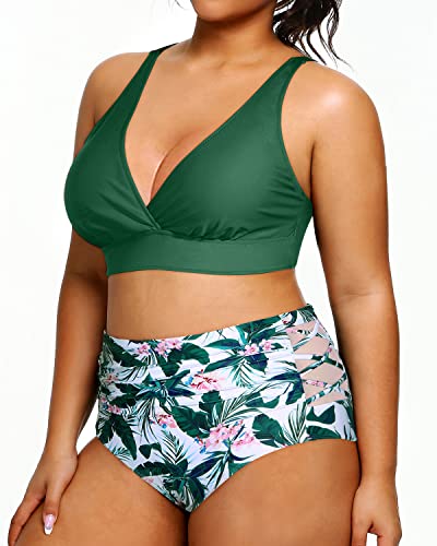 2 Piece Plus Size Bikini Set High Waisted Swimsuits Tummy Control Swimwear-Green Floral