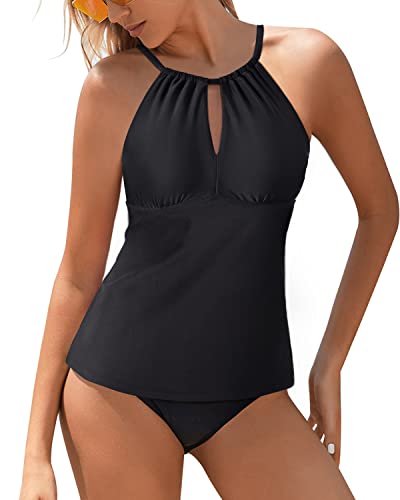 Tankini Traingle Bottom Modest Bathing Suit 2 Piece Swimsuit For Women-Black