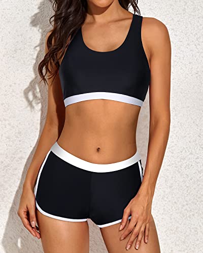 Flattering U-Neck Tankini Tops Sports Bra And Boyshorts Swim Shorts-Black Stripe