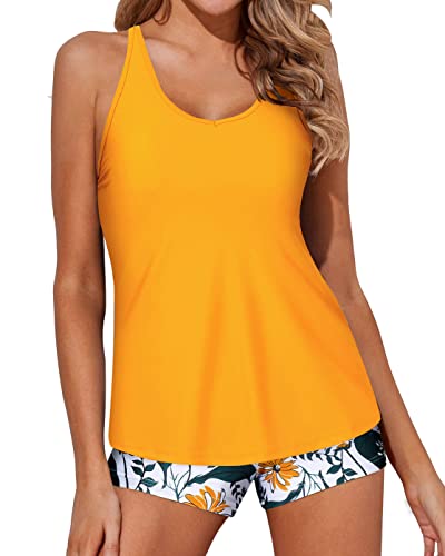 Adjustable Mid-Waist Solid Tankini Swimsuits For Women-Yellow Floral
