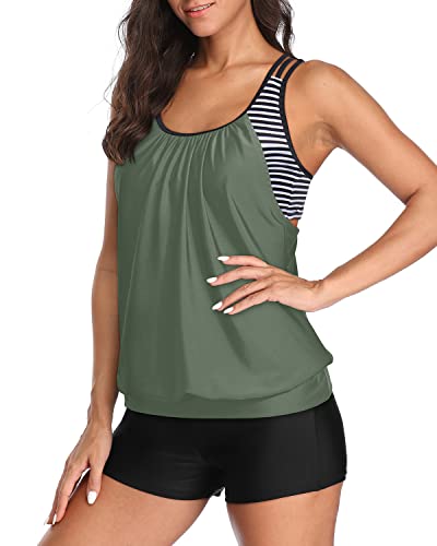 Racerback Blouson Tankini High Waisted Boardshorts Two Piece Swimsuits-Army Green