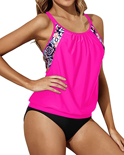 Women's Blouson Swim Top Bottom Double Up Bathing Suits For Teen-Neon Pink