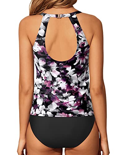 Backless Halter Neck Sexy Tankini Swimsuits For Women High Waisted Shorts-Purple Floral
