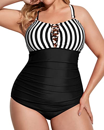 Plus Size One Piece Swimsuits Deep V Neck Ruched Lace Up Swimwear-Black And White Stripe