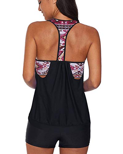 Ladies Layered Design Tankini Tops Long Swim Shorts-Black