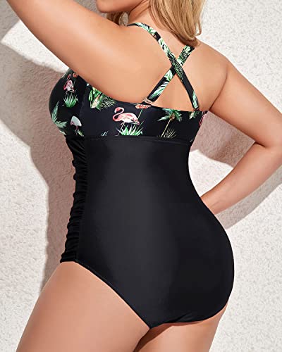 Ladies Criss Cross Back Design Plus Size One Piece Swimsuits-Black Palm Tree