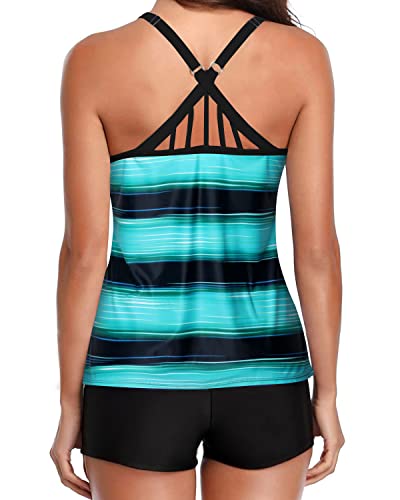 Women's Full Coverage Modest Tankini Swimsuits-Green Stripe